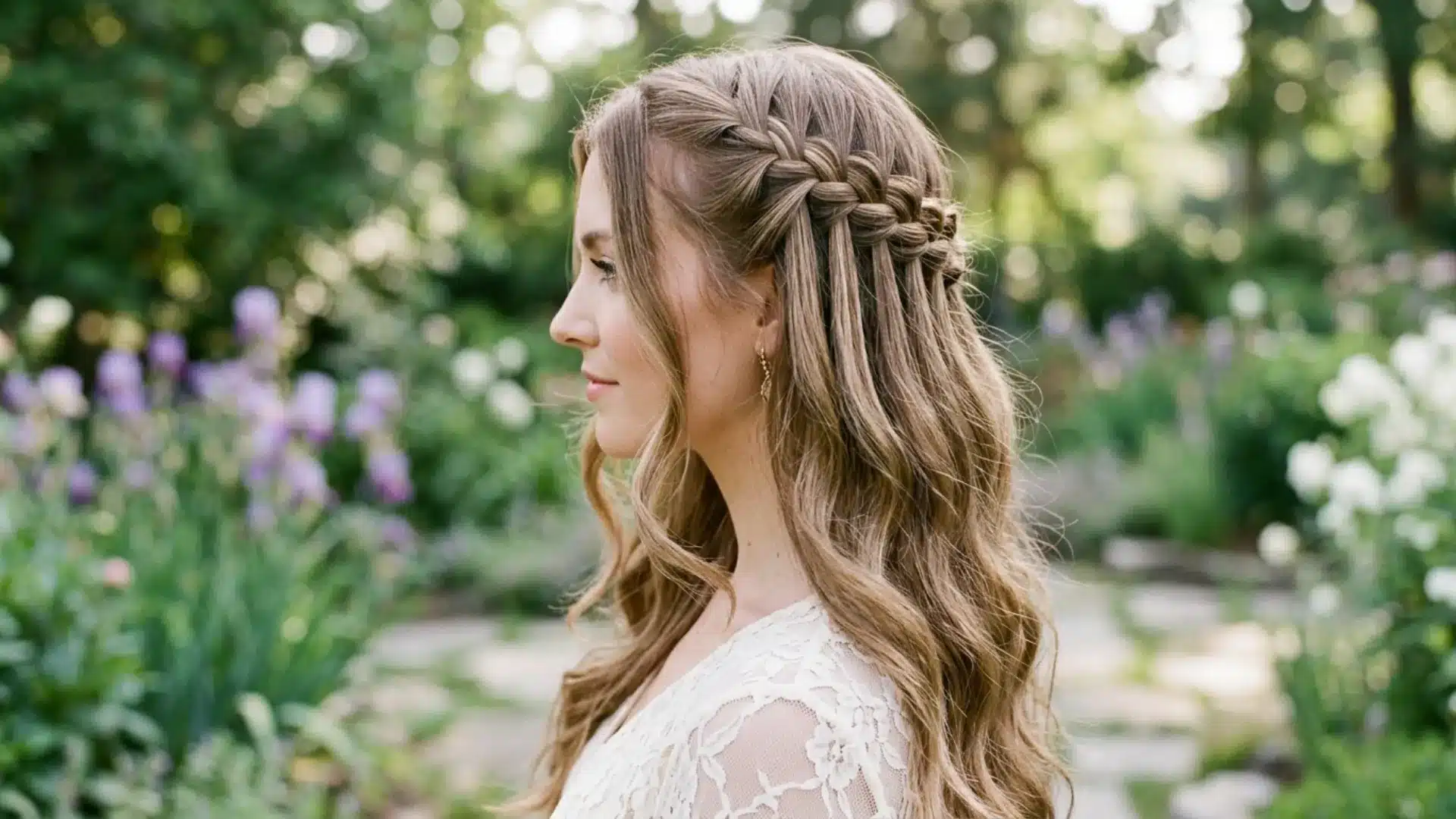 oman with a waterfall braid across her crown showing strands cascading through braid gaps