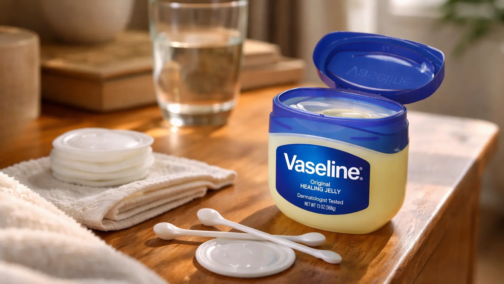 Open jar of petroleum jelly with cotton pads on table to remove hair dye stains from skin
