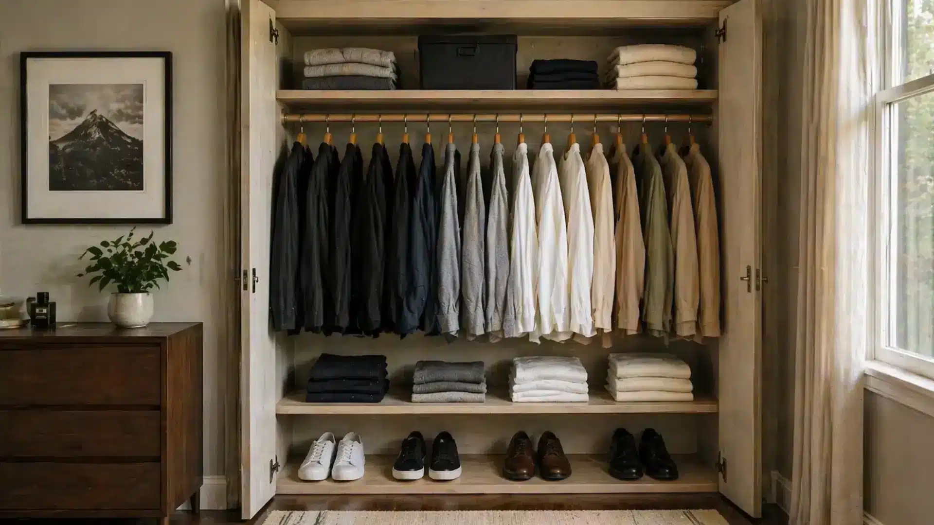 Organized men's capsule wardrobe with neutral clothes, neatly folded items, and aligned shoes in closet