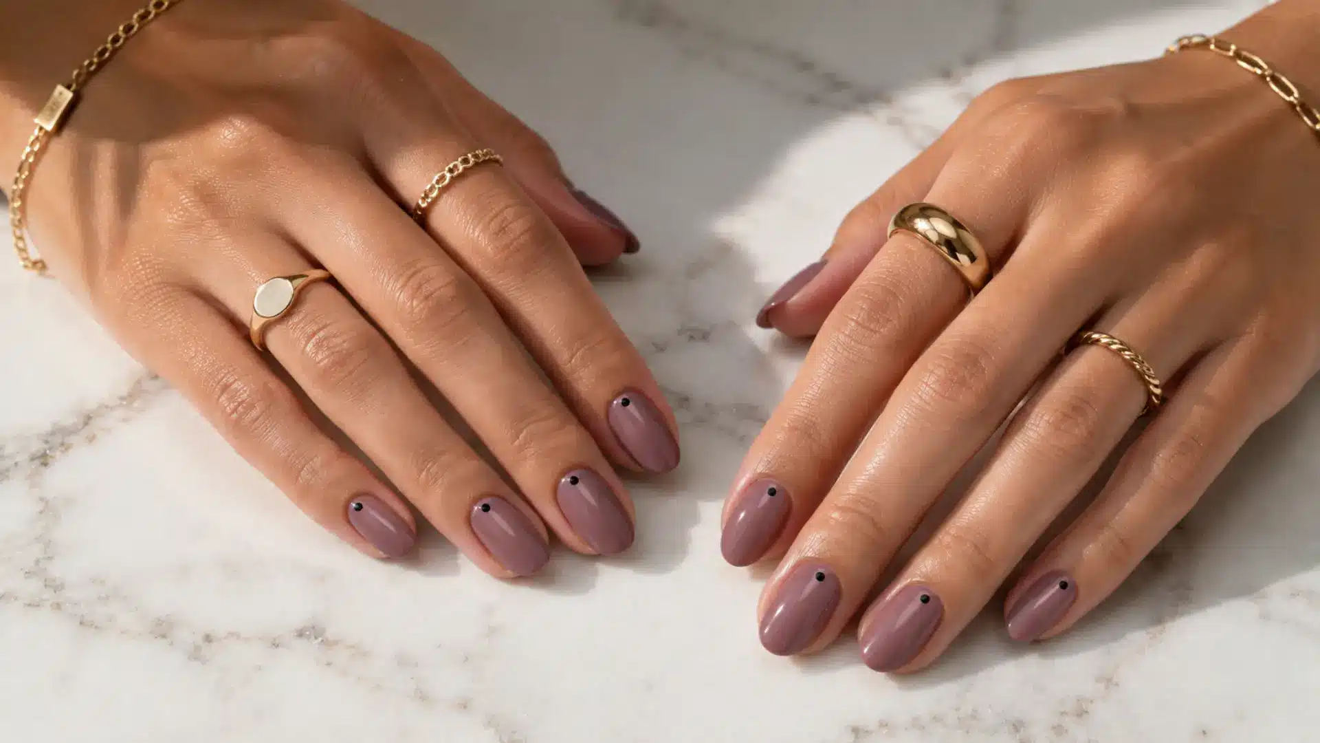 Oval mauve nails with a single small black accent dot near the cuticle on each nail