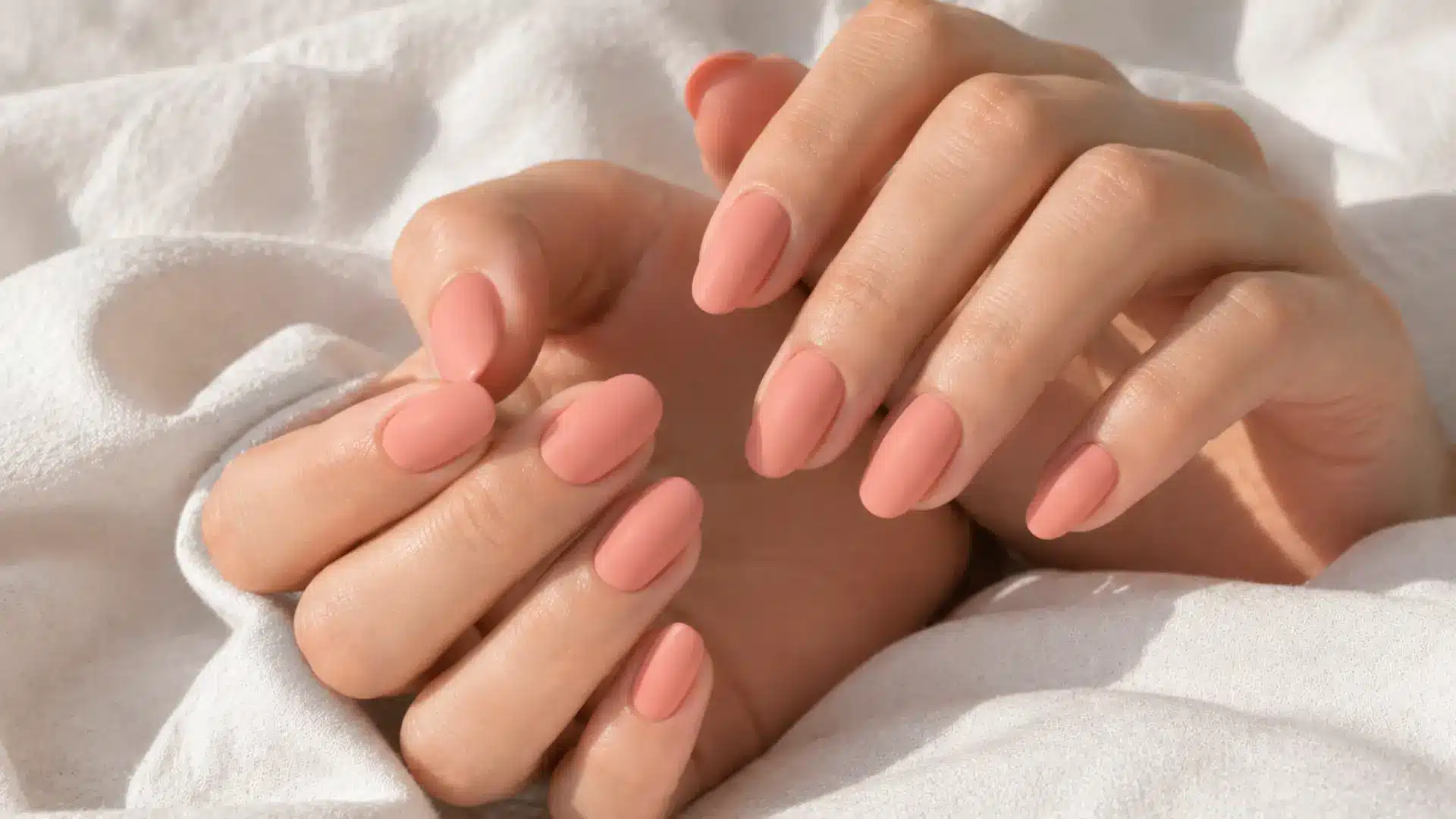 Oval nails in a peachy blush pink matte finish that looks soft and fabric-like in daylight