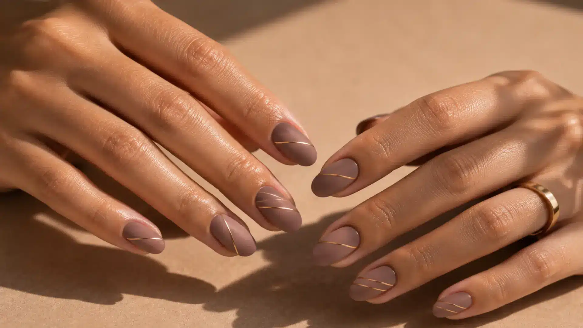 Oval nails with thin diagonal gold metallic stripes on a deep nude matte base