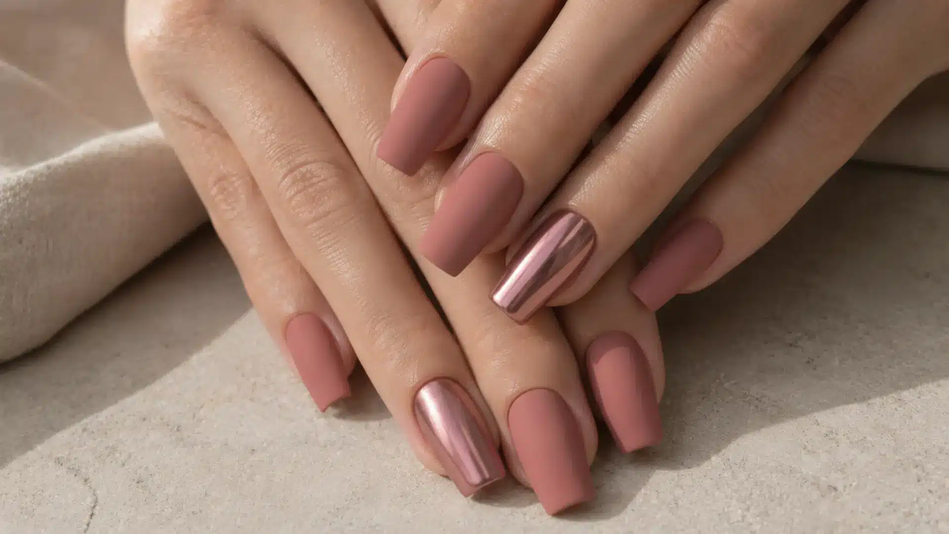 Oval nude nails with a small micro pearl cluster at the cuticle of one accent nail