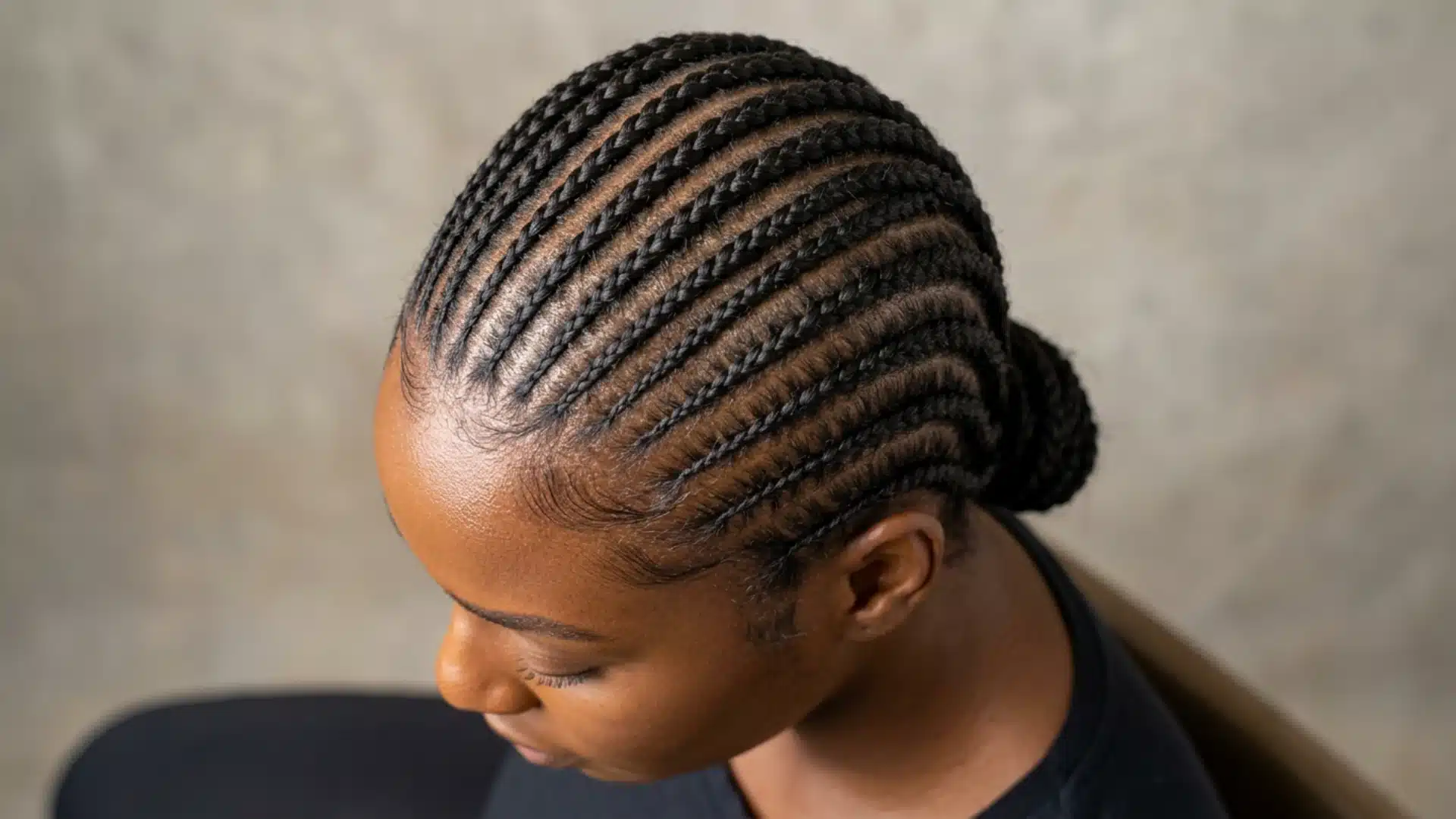 Overhead view of straight-back cornrows on a Black woman with clean scalp parting