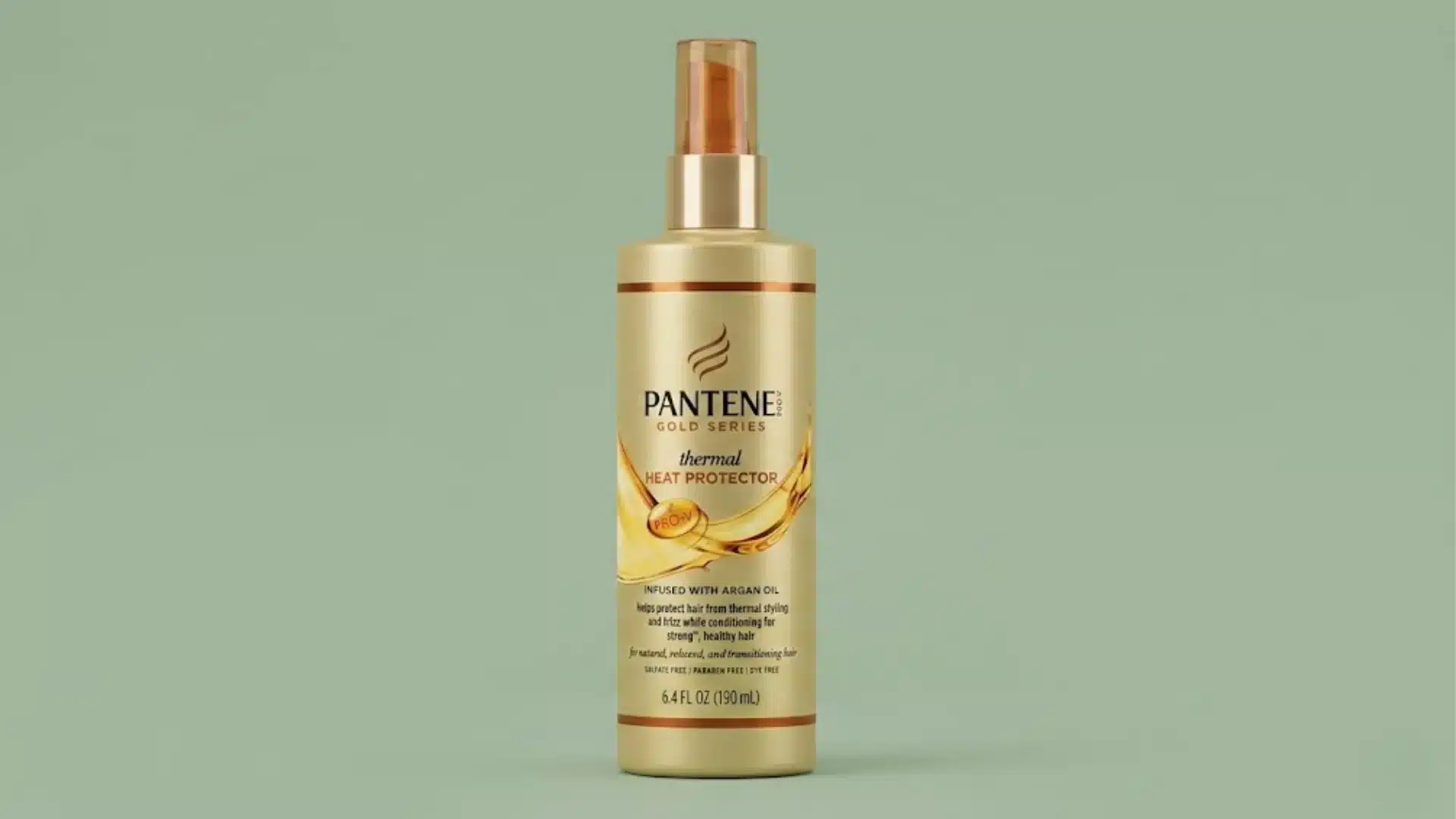 Pantene Gold Series Thermal Heat Protector bottle on a soft green background with clean studio lighting