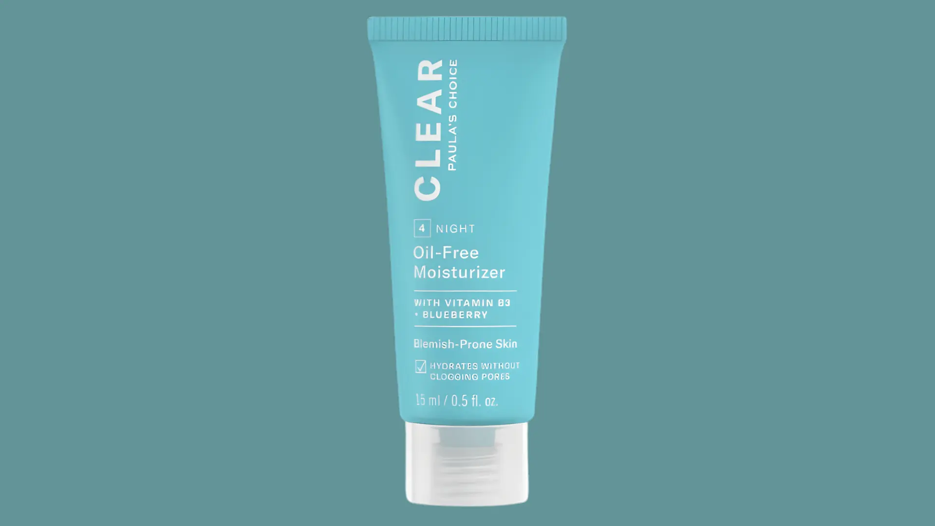 Paula's Choice CLEAR Oil-Free Moisturizer tube on a dusty teal background