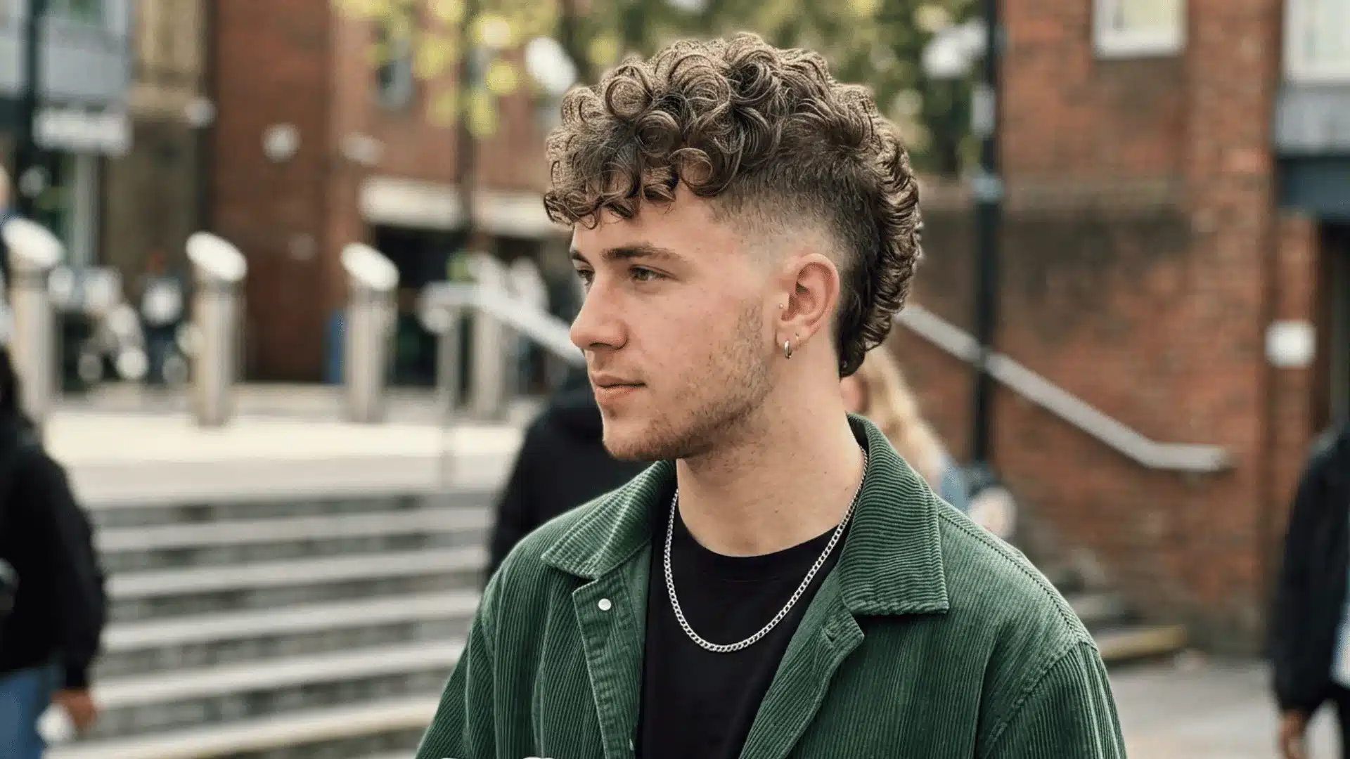Permed curly mohawk fade on young man