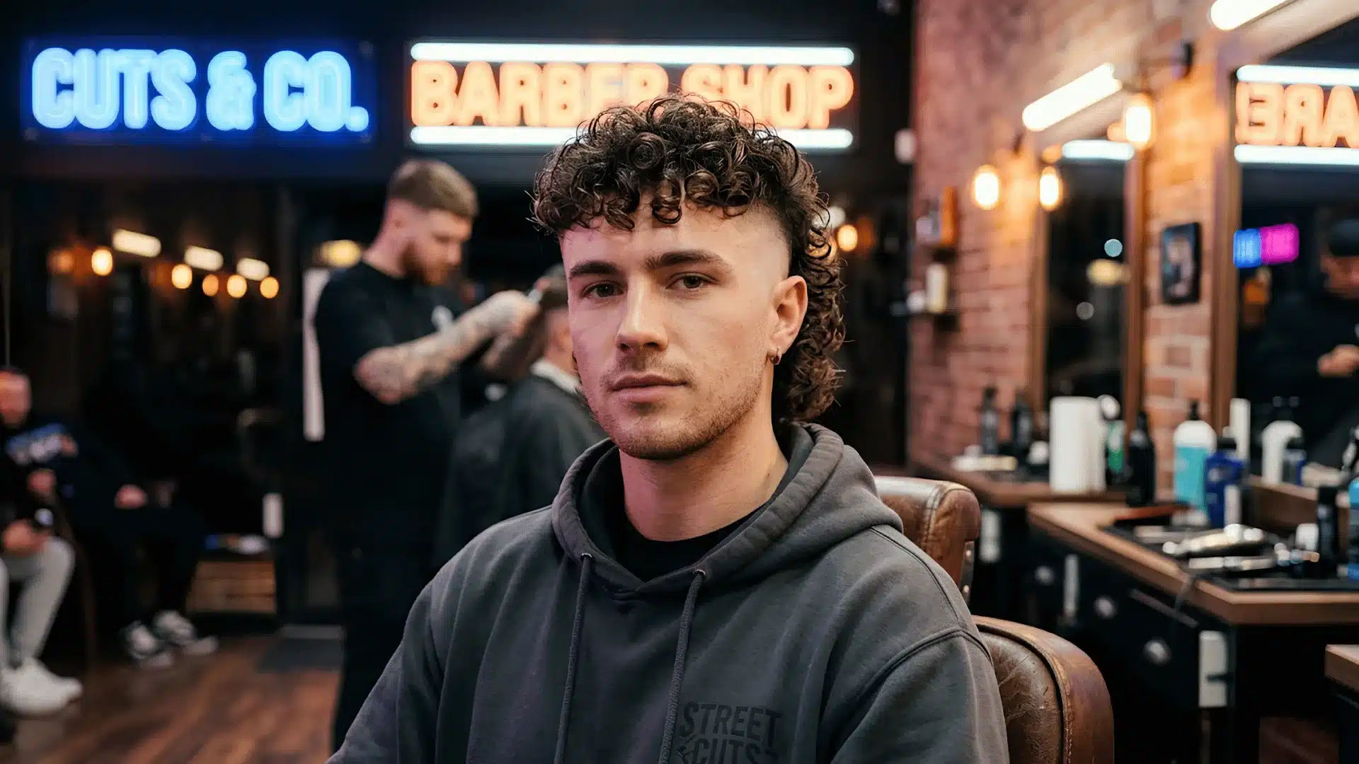 Permed skin fade mullet with defined curls and clean fade