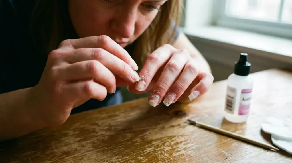 Person carefully peeling dried nail glue from finger during a manicure with nail glue remover and tools on table nearby