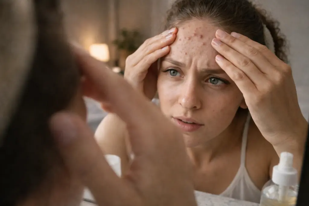 Person examining forehead acne in mirror with visible breakouts, highlighting skincare concerns and causes of pimples