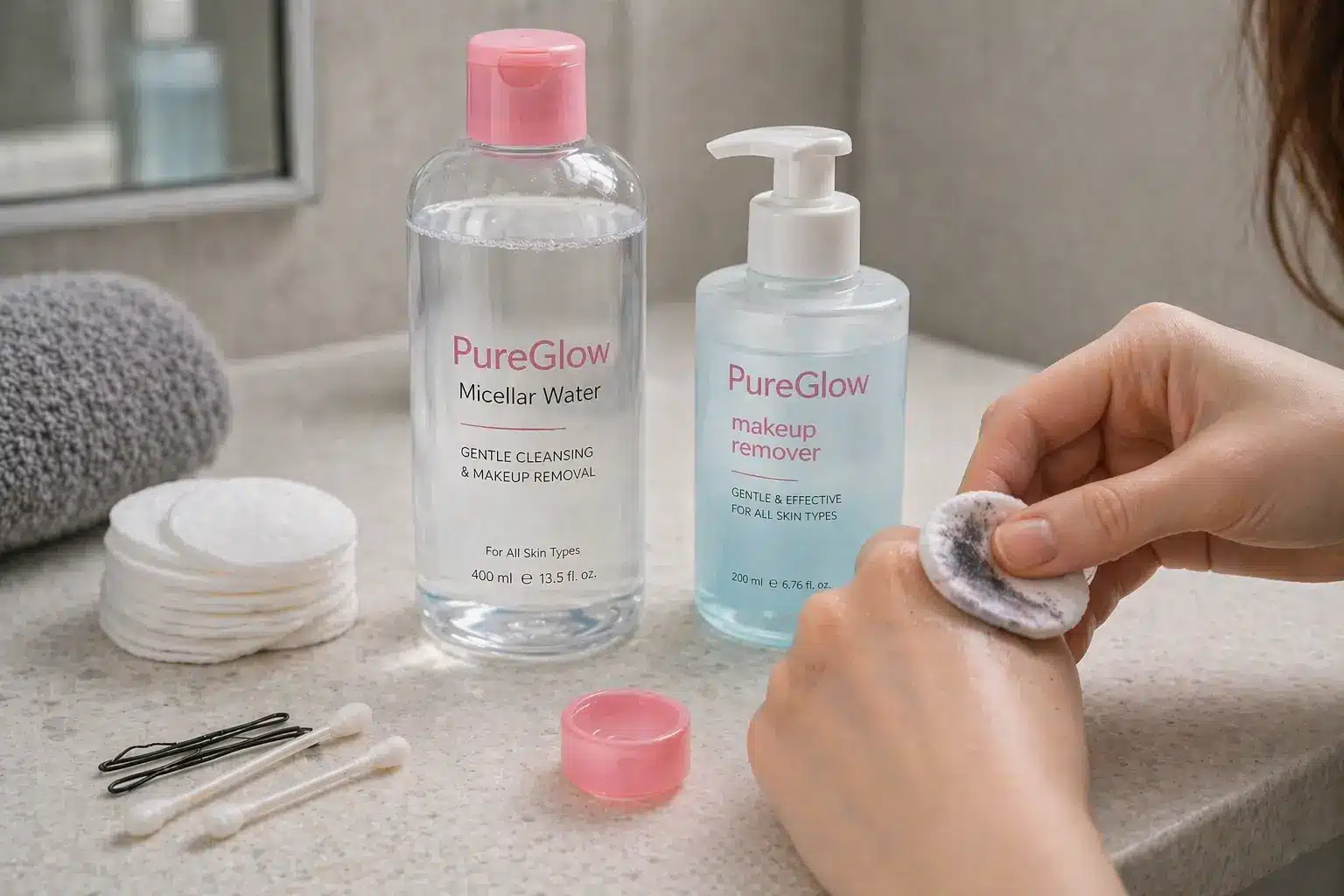 Person using cotton pad with micellar water to gently remove dark hair dye stains from skin on hand at home