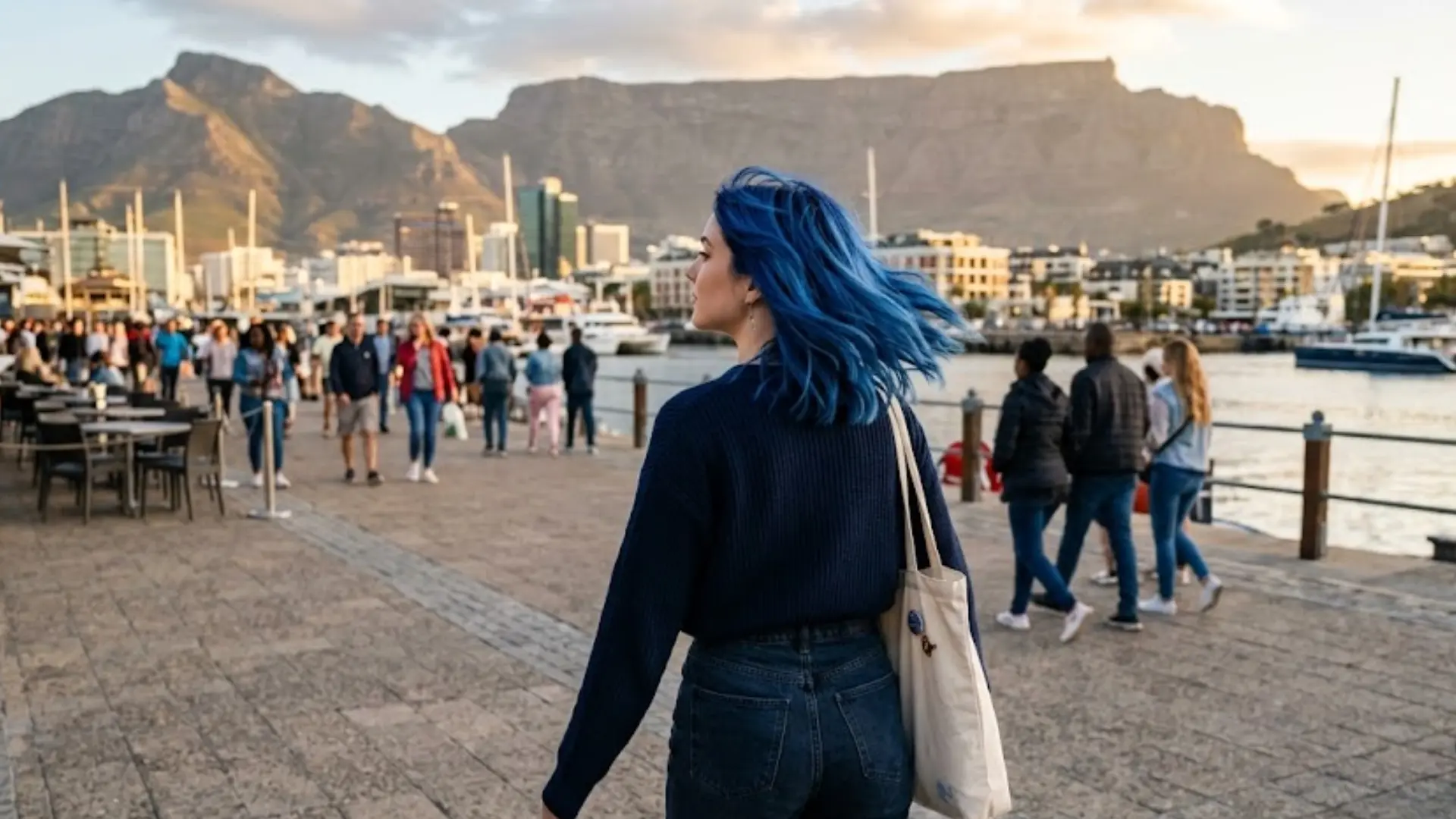 Person with vibrant blue black hair walking near waterfront, showcasing bold cool toned hairstyle