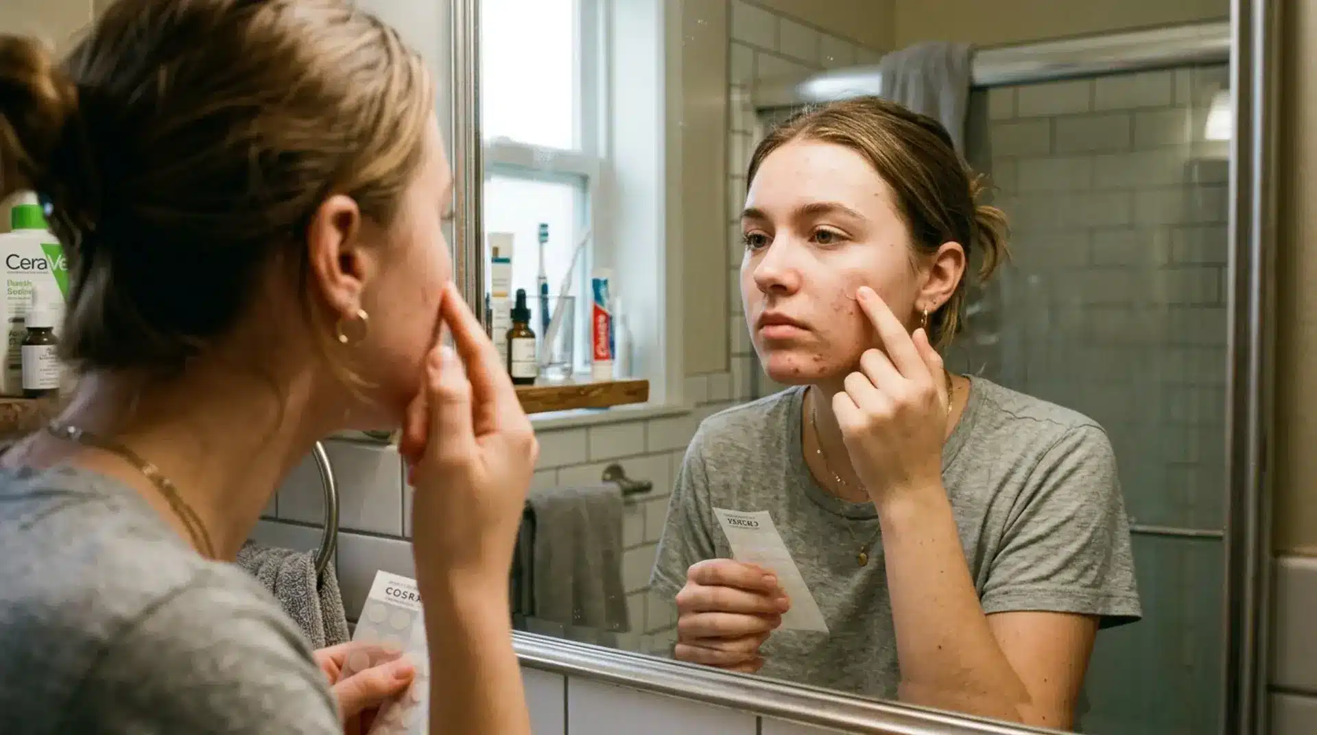 Person checking acne in mirror while holding pimple patches in bathroom skincare routine