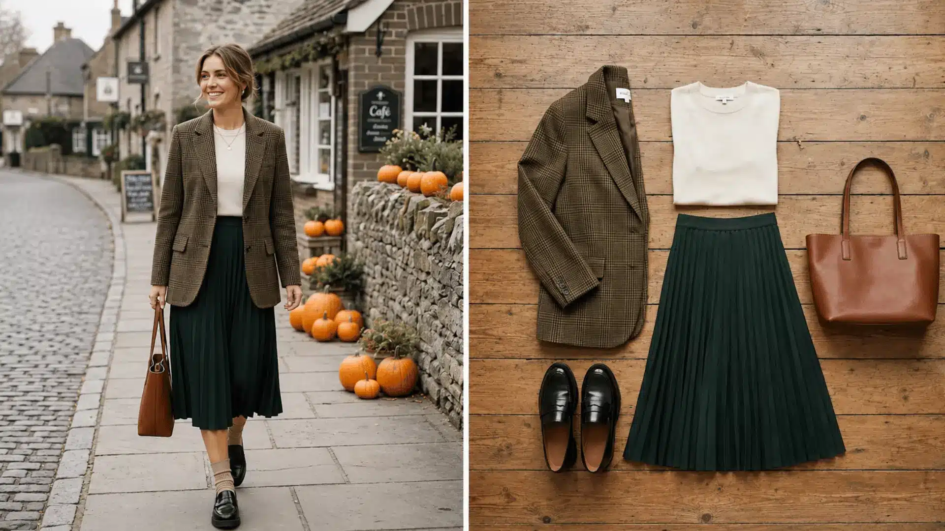Pleated skirt with plaid blazer outfit