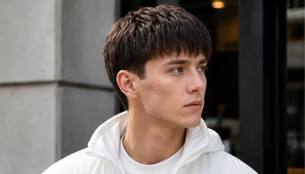 Polish man with textured fringe haircut wearing a white jacket in a natural urban side pose