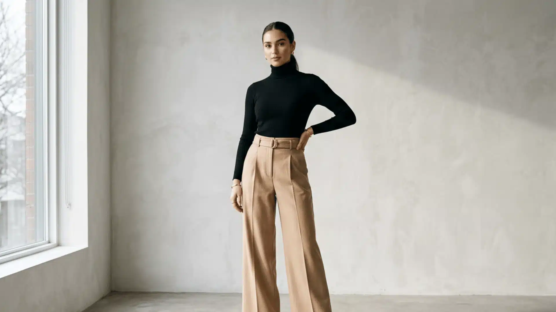 Polished look of a woman in a fitted black turtleneck tucked into camel wide-leg trousers with ankle boots