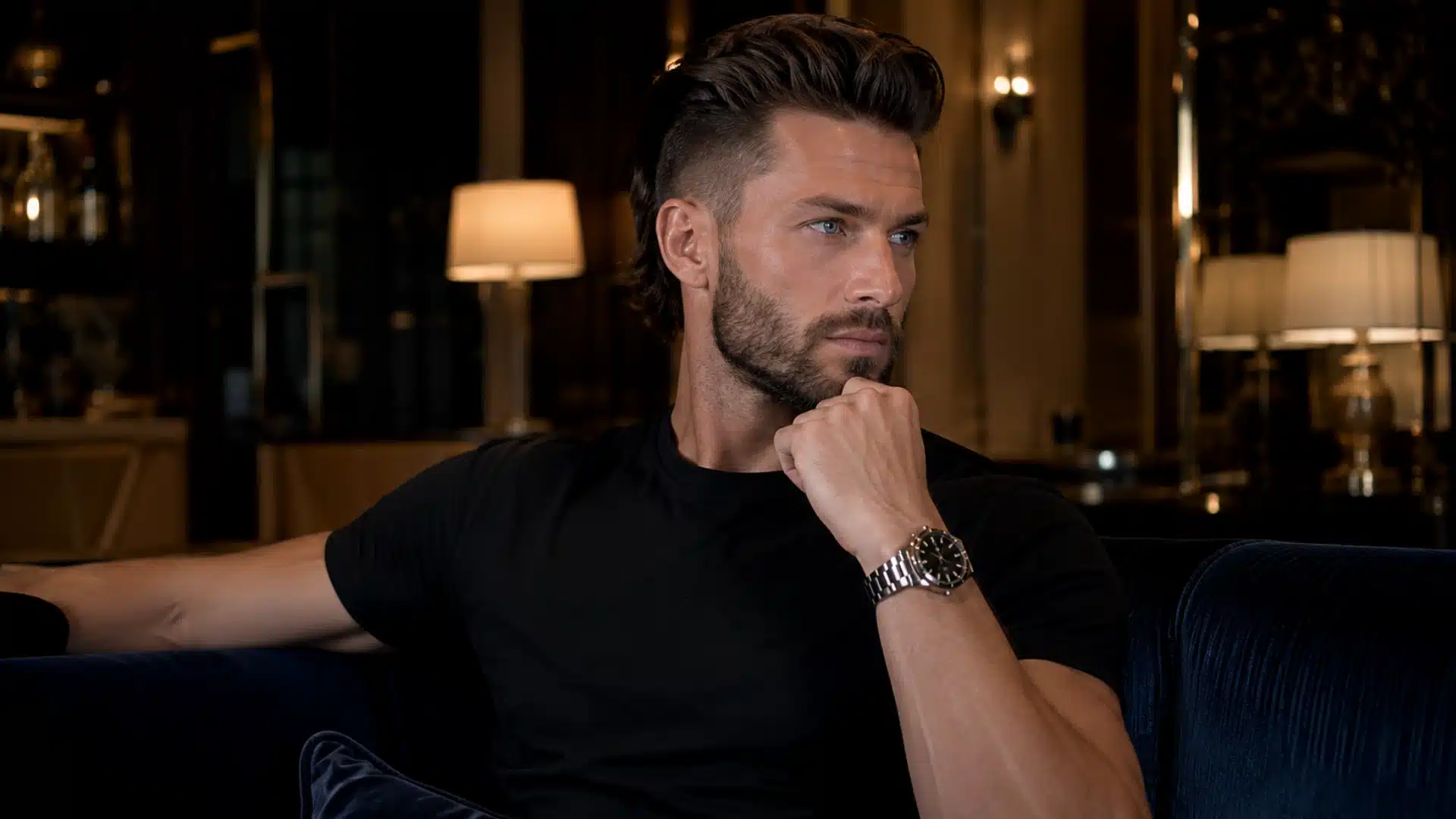 Pompadour mullet fade with voluminous slicked back top, faded sides, and layered modern back style