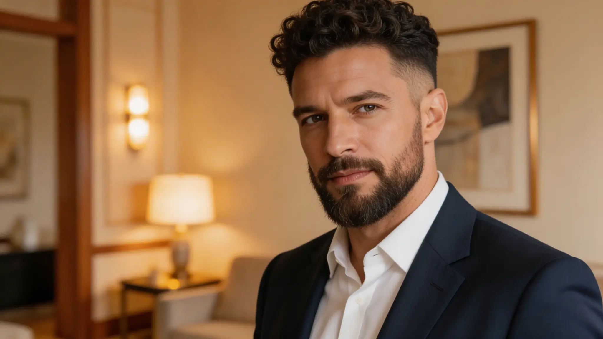Portrait of a bearded man in a dark suit and white shirt, set against a warm, blurred indoor background.