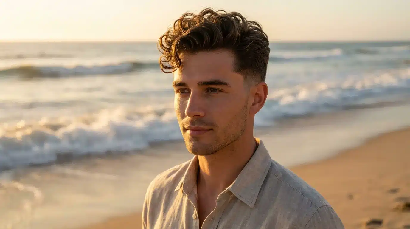 Portrait of a man with wavy hair on a sandy beach during sunset, with ocean waves in the background.