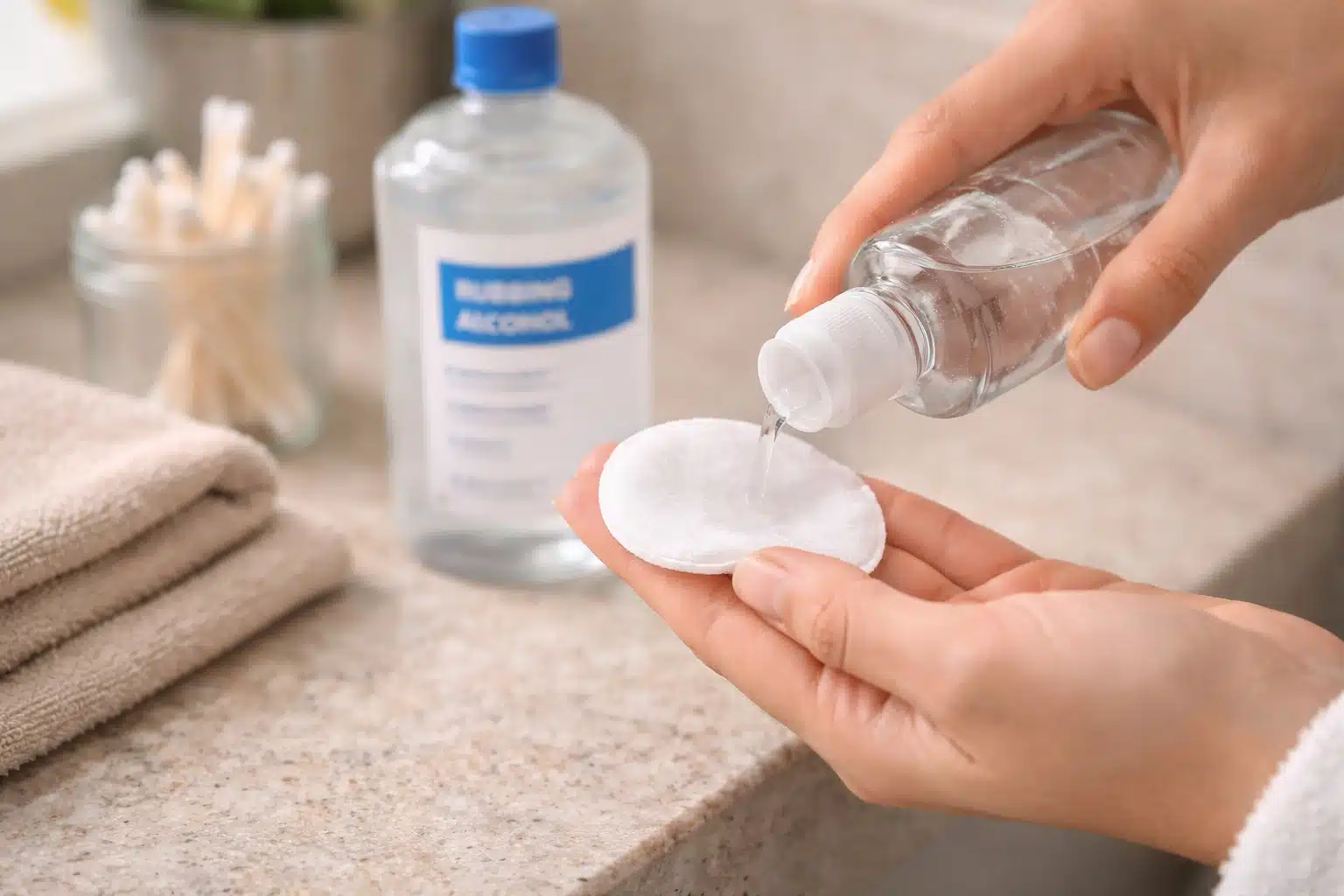Pouring rubbing alcohol onto cotton pad to remove stubborn hair dye stains from skin on hand using effective method