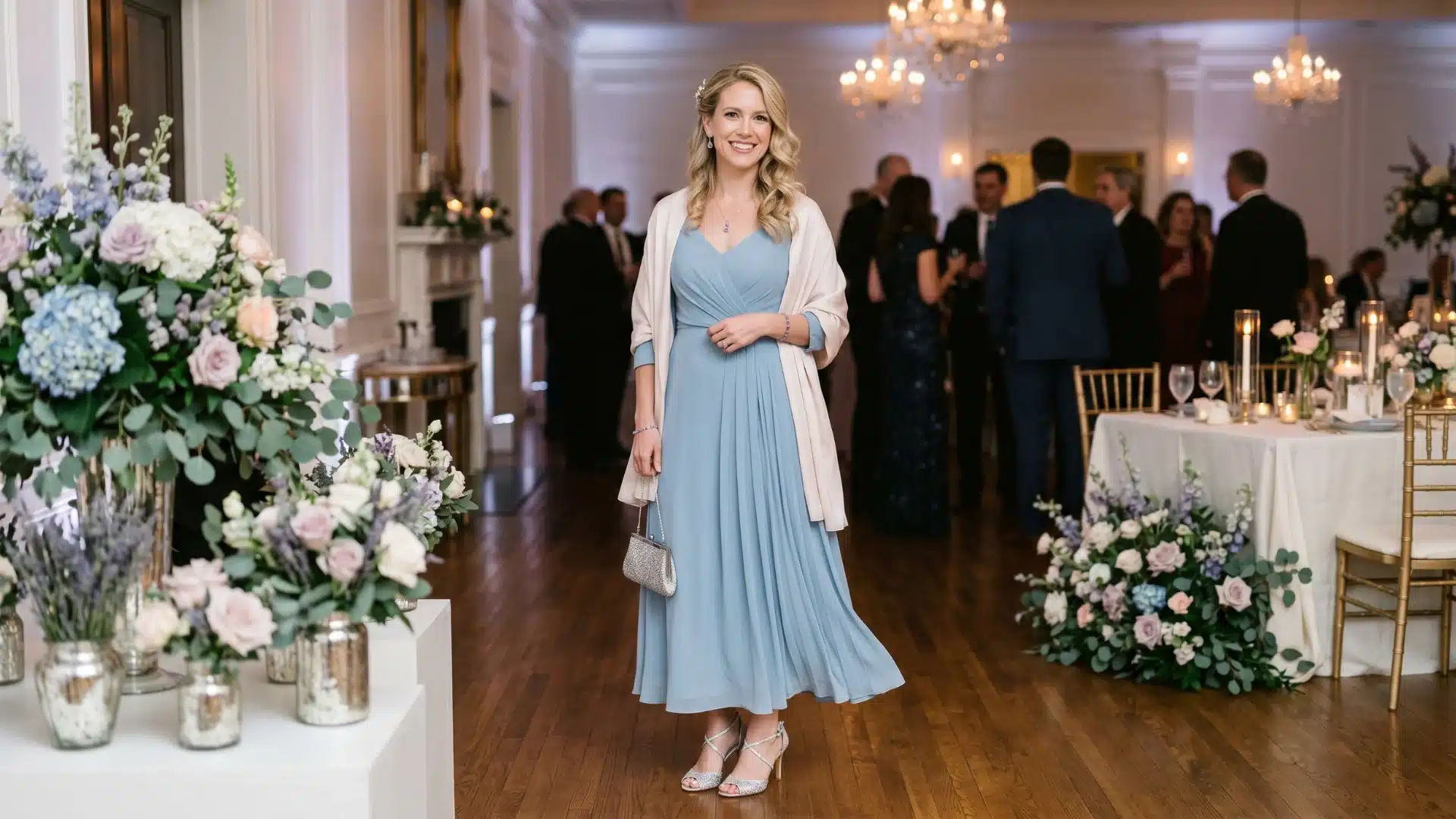 Powder blue occasion dress with ivory wrap
