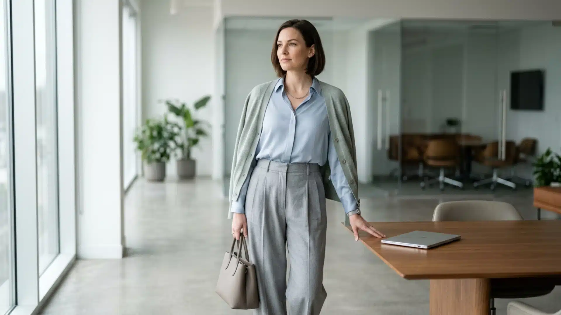Powder blue shirt with gray work trousers
