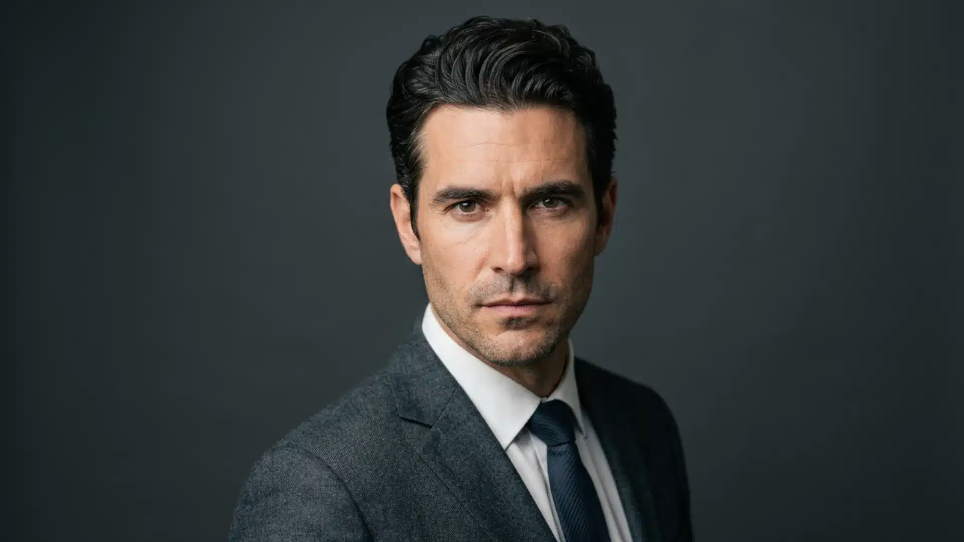 Professional man with styled dark hair, a grey suit, and a dark blue tie, looking directly forward against a grey background