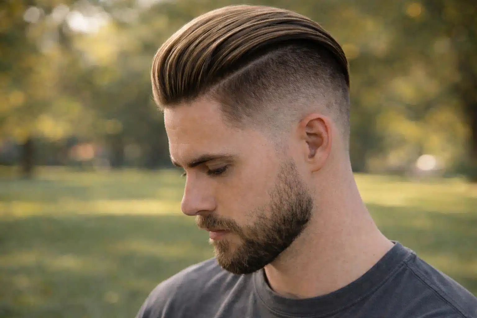 Profile of a man with a high fade slick back undercut hairstyle, short beard, and natural outdoor background in soft daylight