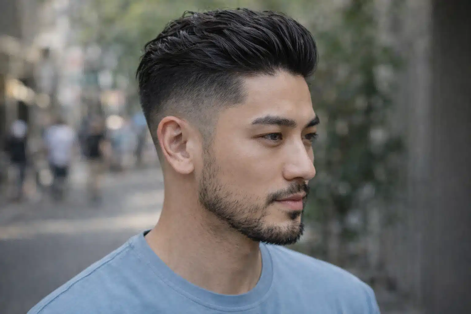 Profile of a man with high fade slick back for Asian hair, textured top, clean fade sides outdoors