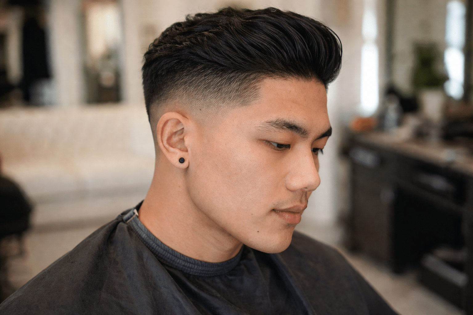 Profile of a man with high fade slick back for coarse hair, thick textured top, clean fade sides, and indoor barbershop setting