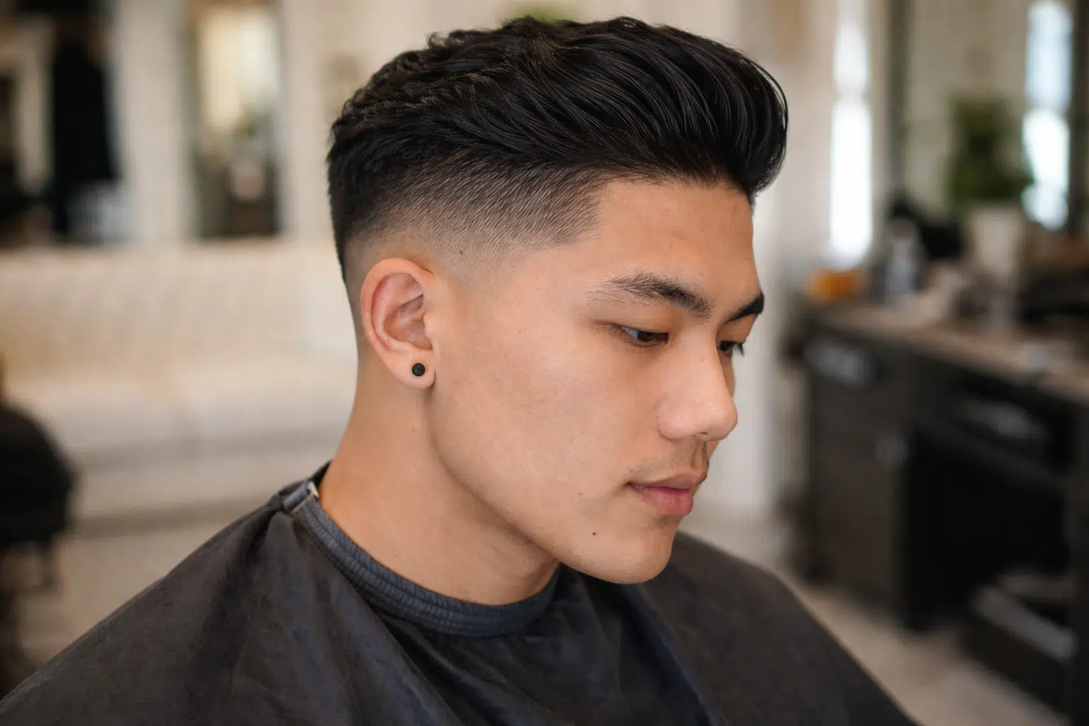 Profile of a man with high fade slick back for coarse hair, thick textured top, clean fade sides, and indoor barbershop setting