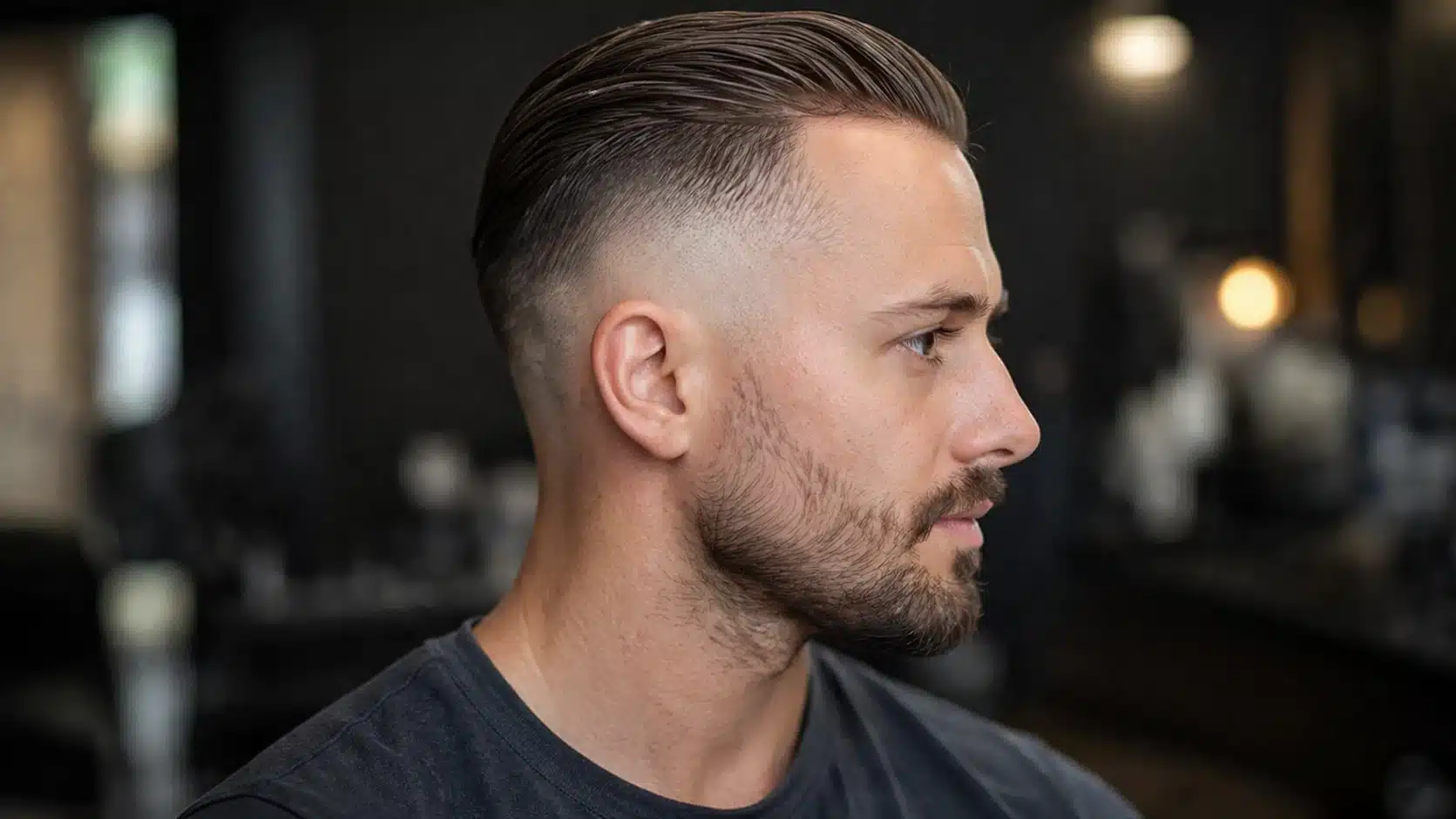 Profile of a man with high fade slick back for fine hair, clean taper sides, light beard, and blurred barbershop background