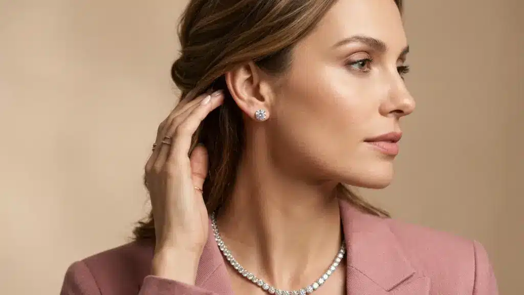 Profile of a woman wearing a pink blazer, a diamond tennis necklace, and a matching round diamond stud earring