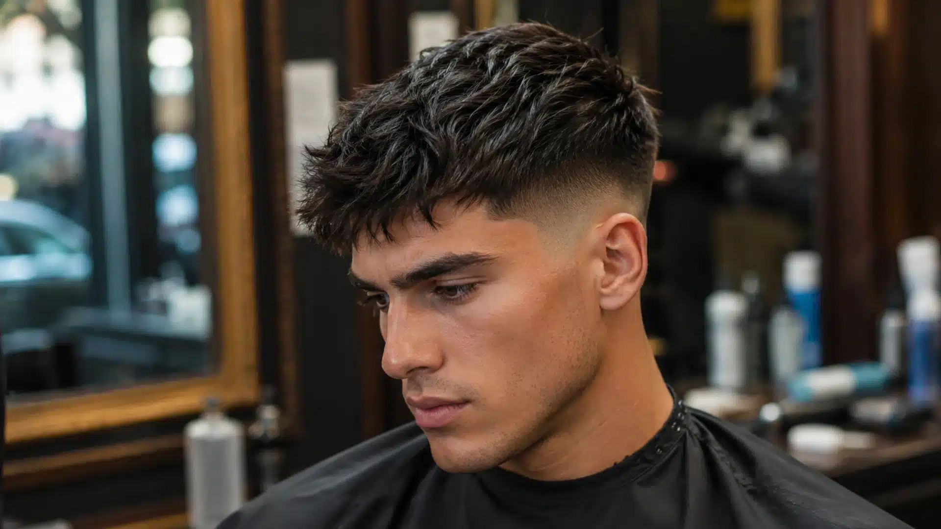 Profile of a man with a textured crop haircut and a sharp skin fade, sitting in a barbershop
