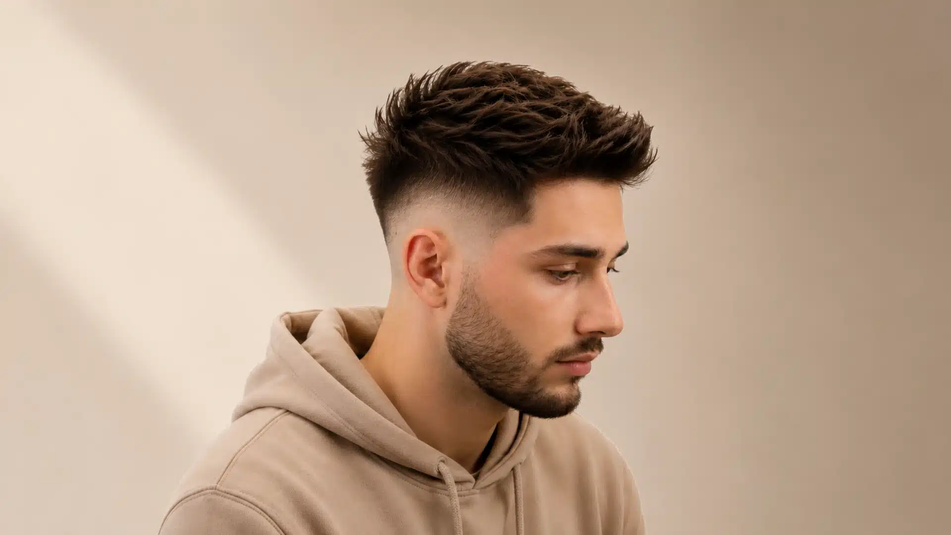 Profile of a man with textured spiky hair a mid skin fade and a trimmed beard