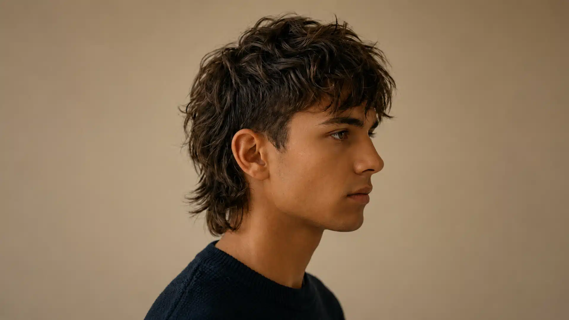 Profile of a young man with a messy, textured brown mullet haircut against a neutral background