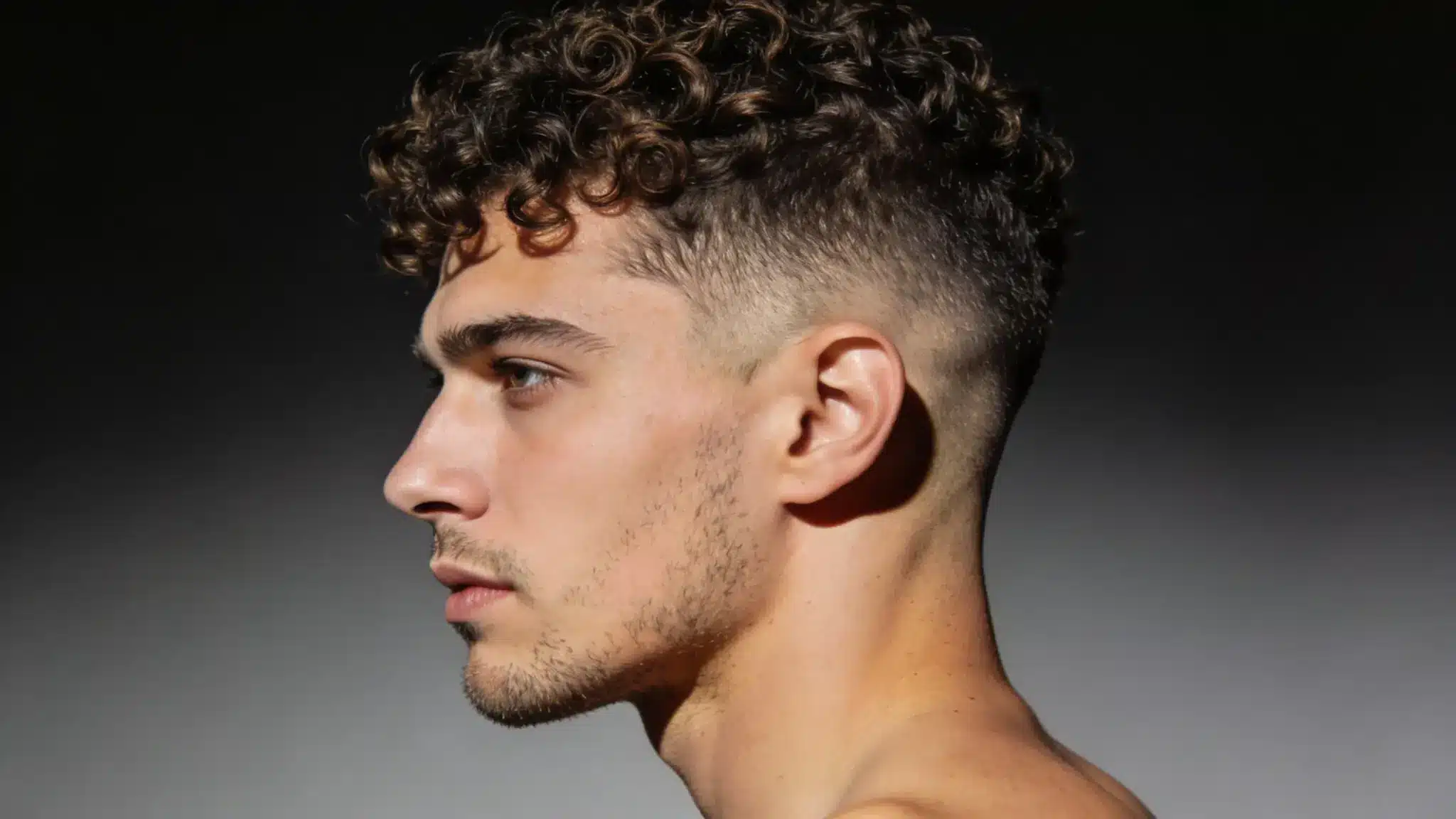 Profile of a young man with a tight curly top and a high skin fade haircut against a dark, shadowy background