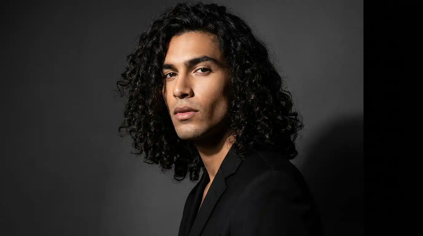 Profile portrait of a man with long, dark curly hair wearing a black blazer against a dark gray background.