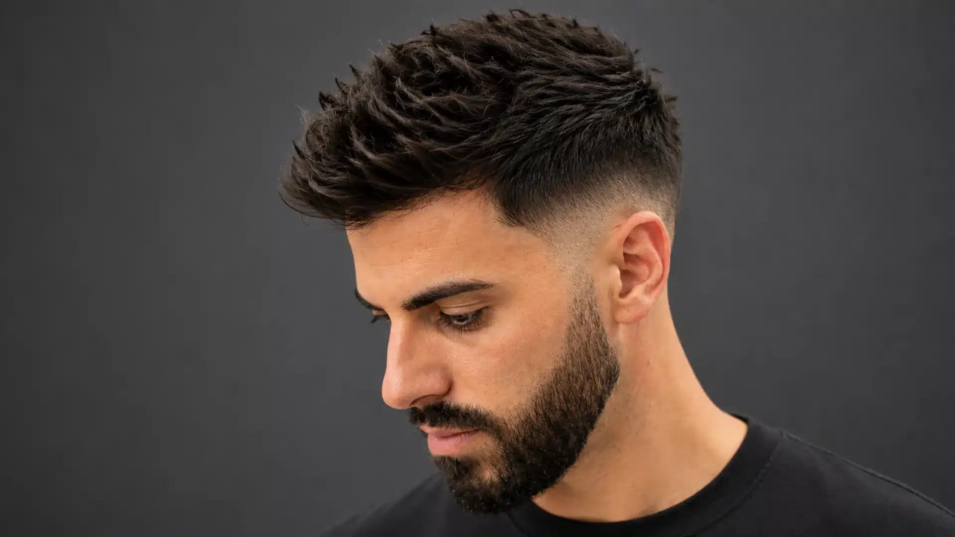 Profile view of a man with textured spiky hair, a sharp skin fade, and a beard against a dark gray background