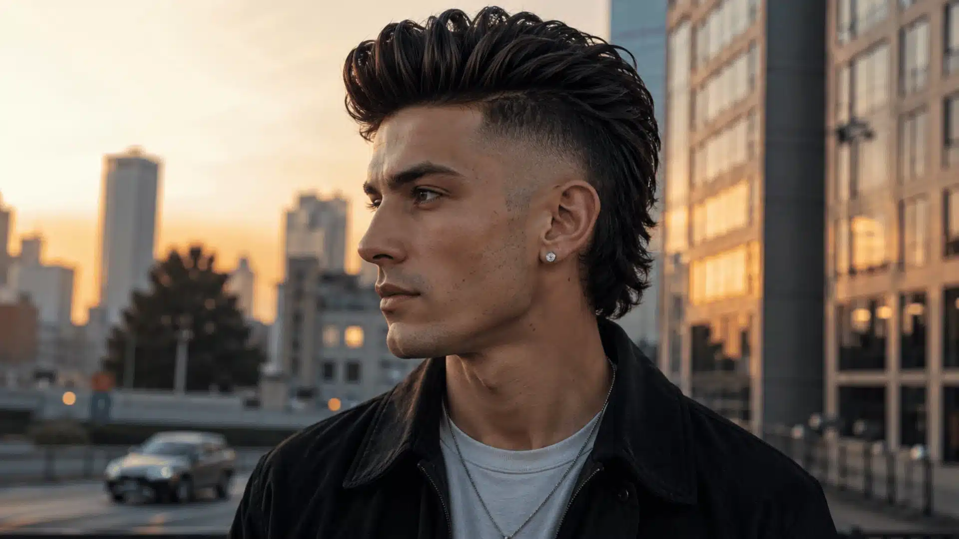 Quiff skin fade mullet with lifted front volume