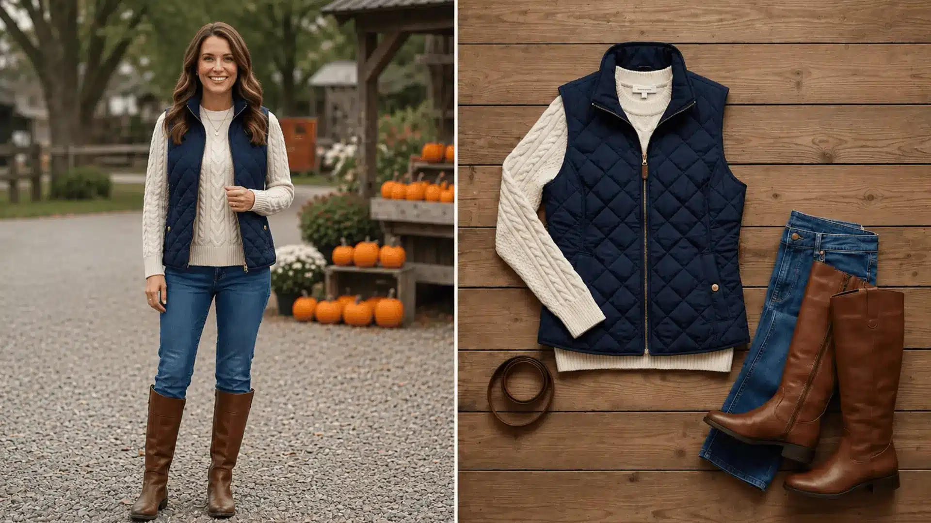 Quilted vest over knit sweater outfit