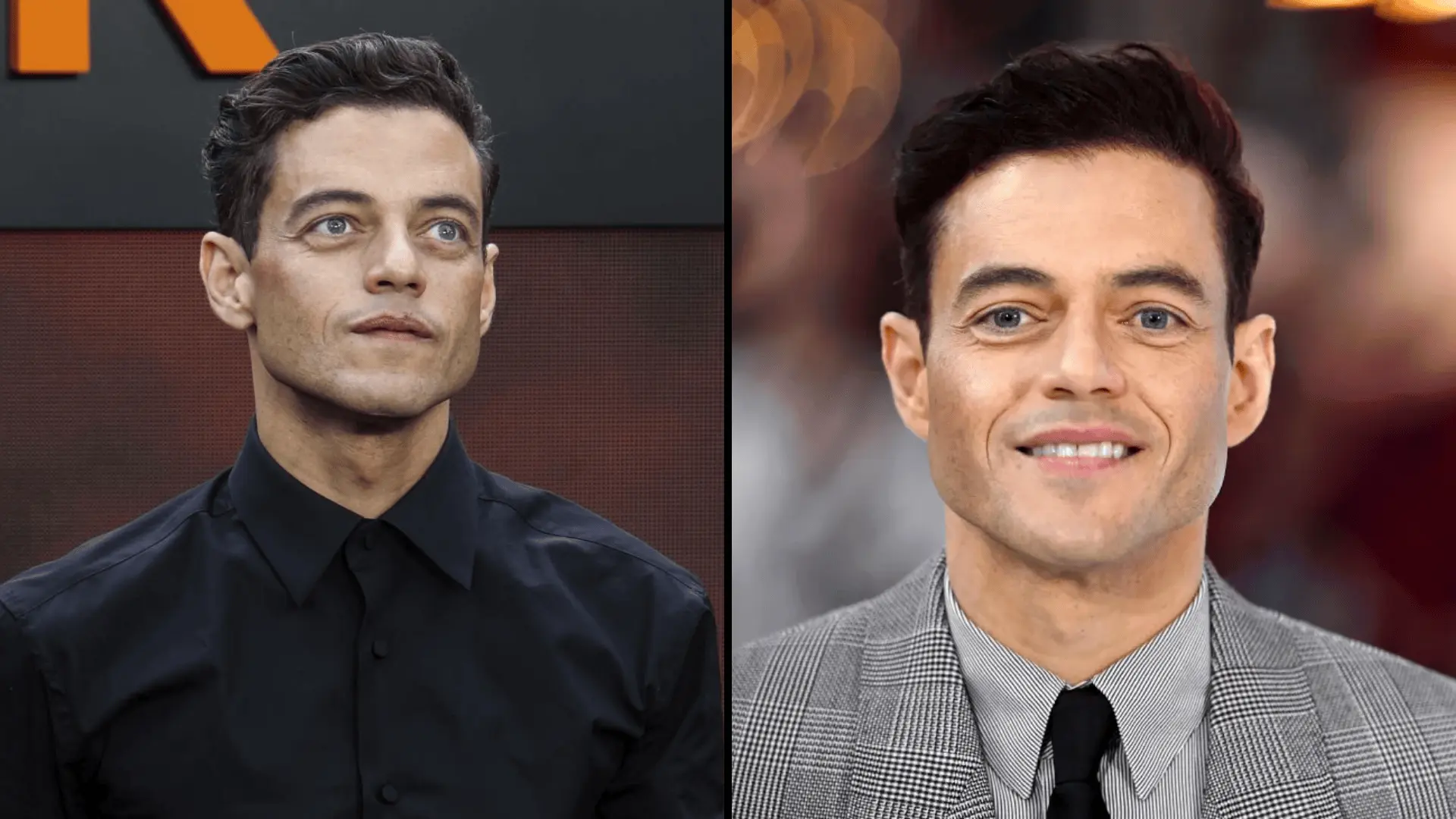 Rami Malek in black and grey suits highlighting cool undertones and sharp winter contrast