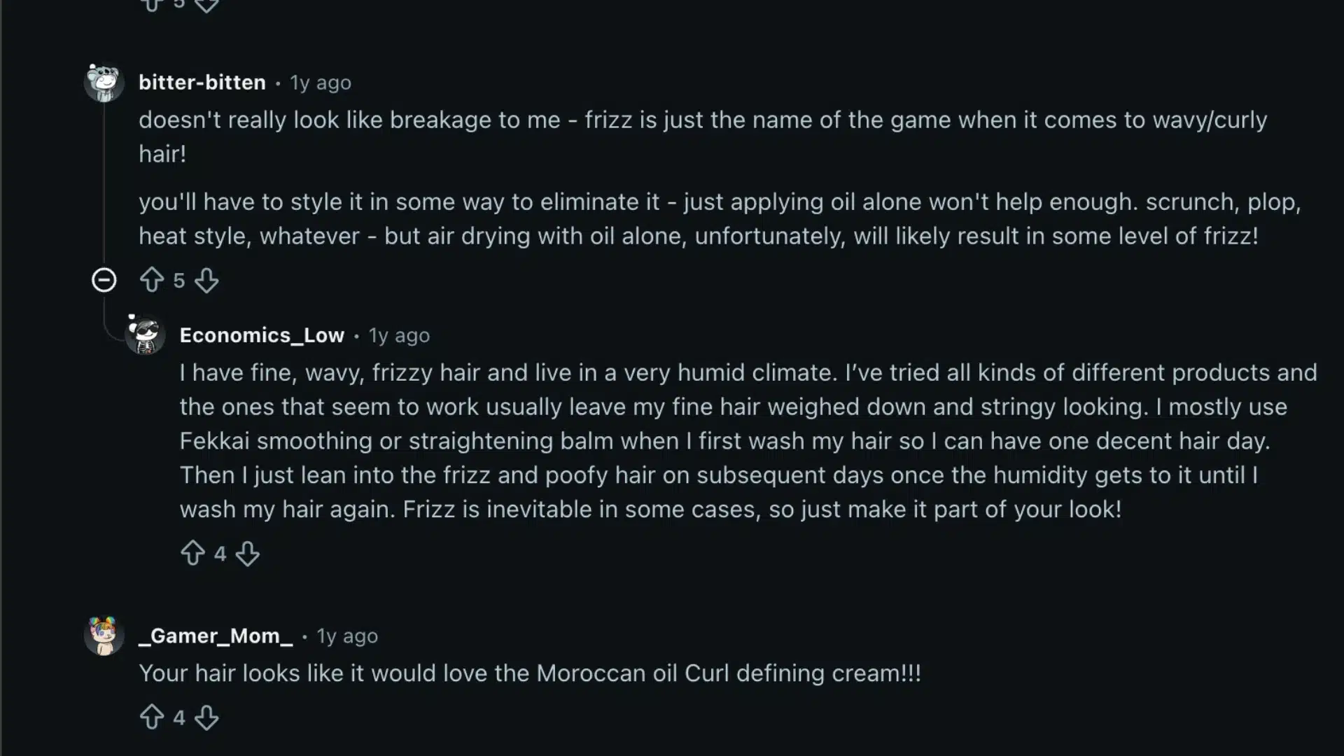 Reddit comments discussing frizzy hair, thin wavy hair, humidity, styling tips, and product suggestions