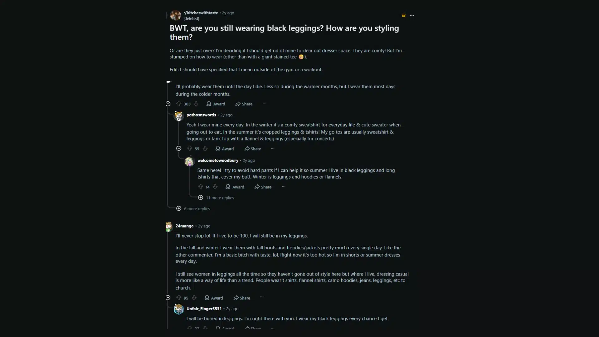 Reddit discussion about styling black leggings for casual outfits and everyday wear