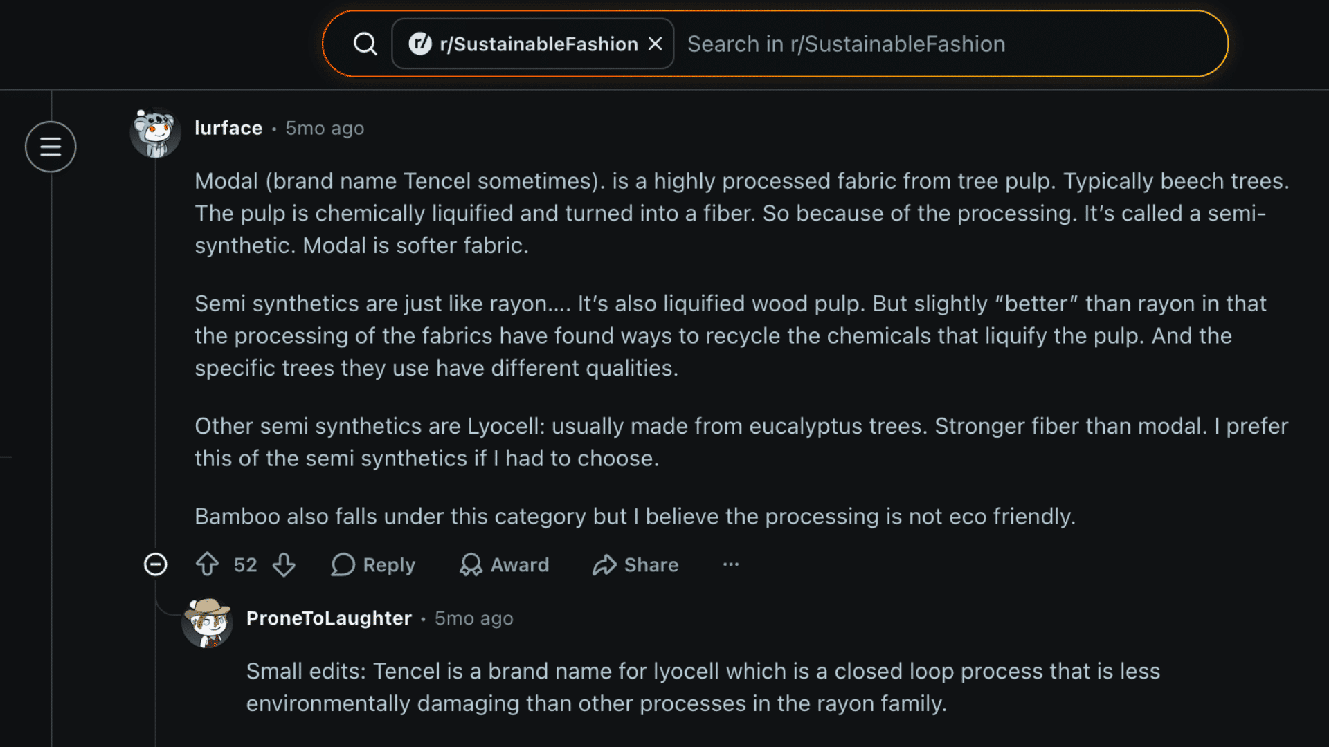 Reddit discussion explaining modal fabric production, sustainability, breathability, and comparisons with rayon and lyocell