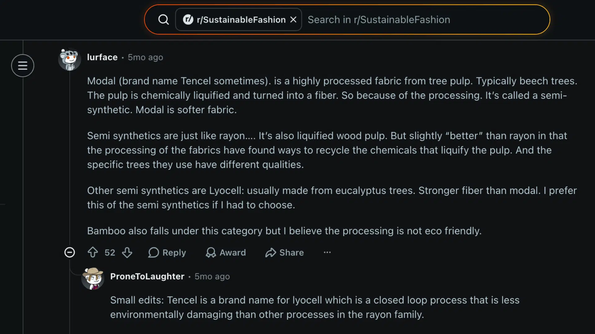 Reddit discussion explaining modal fabric production, sustainability, breathability, and comparisons with rayon and lyocell