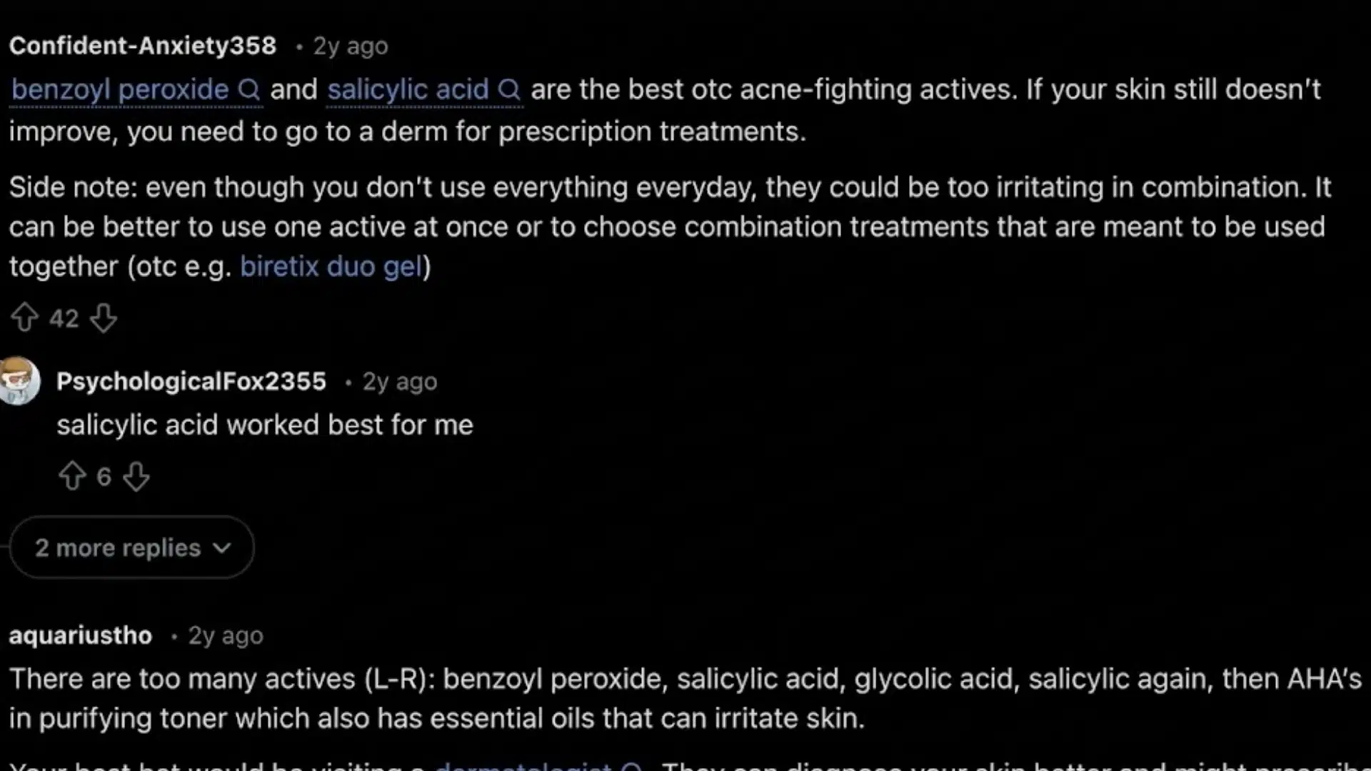 Reddit thread discussing acne treatments like benzoyl peroxide, salicylic acid, and advice to keep skincare simple