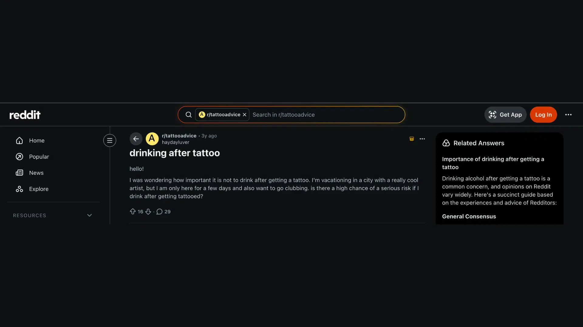 Reddit thread titled drinking after tattoo discussing alcohol risks post tattoo session