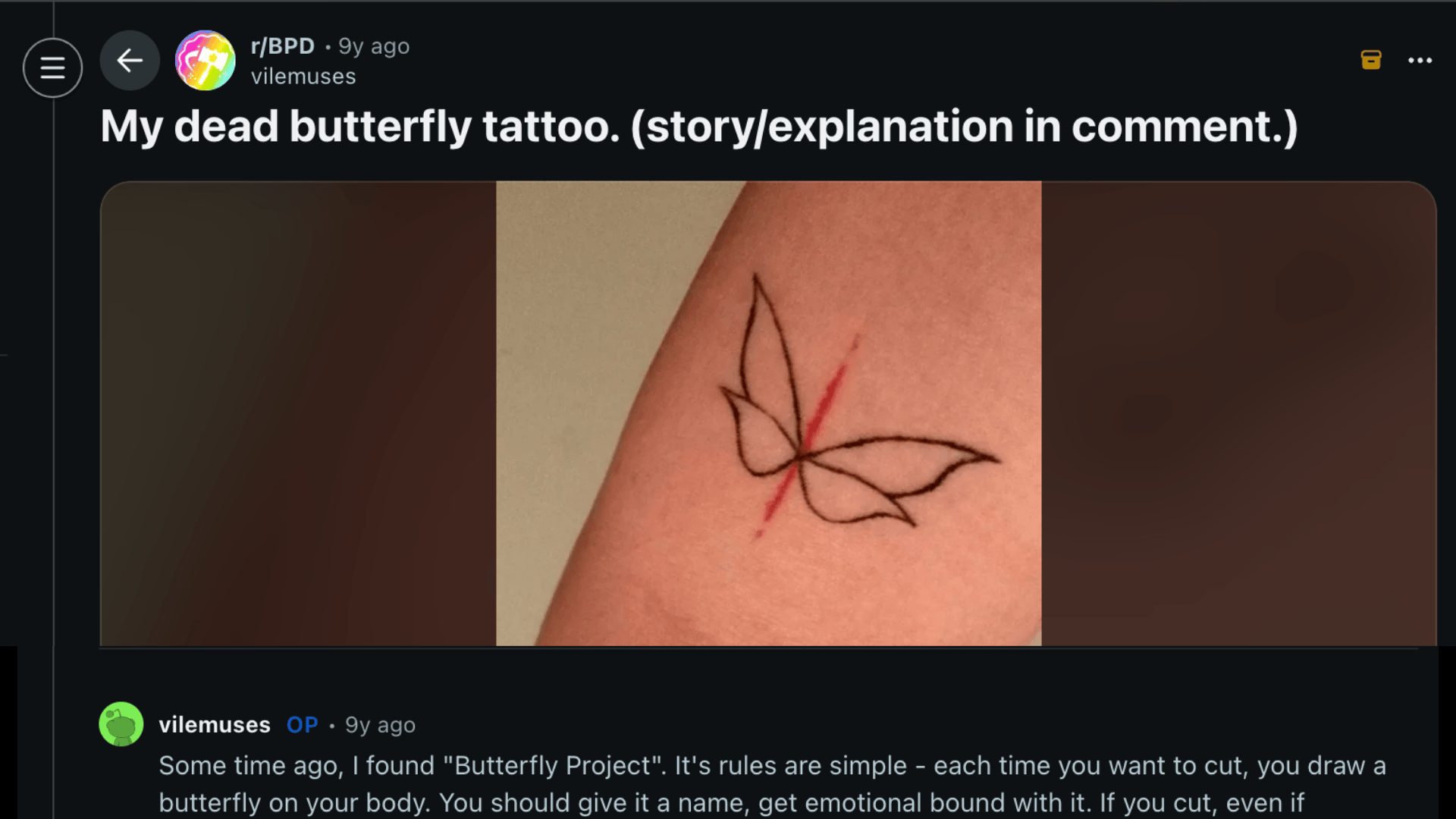 Reddit post showing butterfly tattoo linked to Butterfly Project symbolizing recovery and personal healing