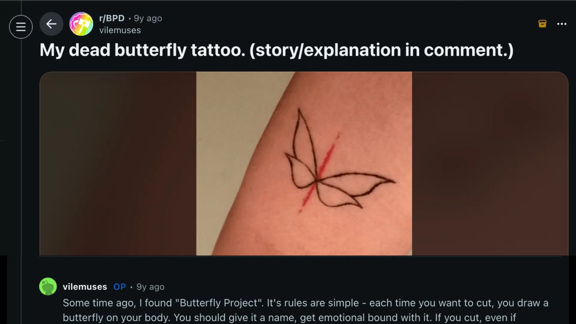 Reddit post showing butterfly tattoo linked to Butterfly Project symbolizing recovery and personal healing